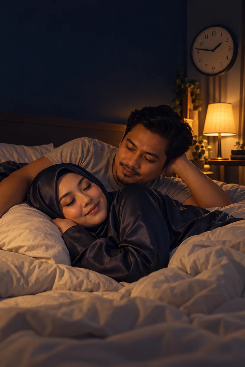 Suami dan isteri baring rapat, isteri senyum