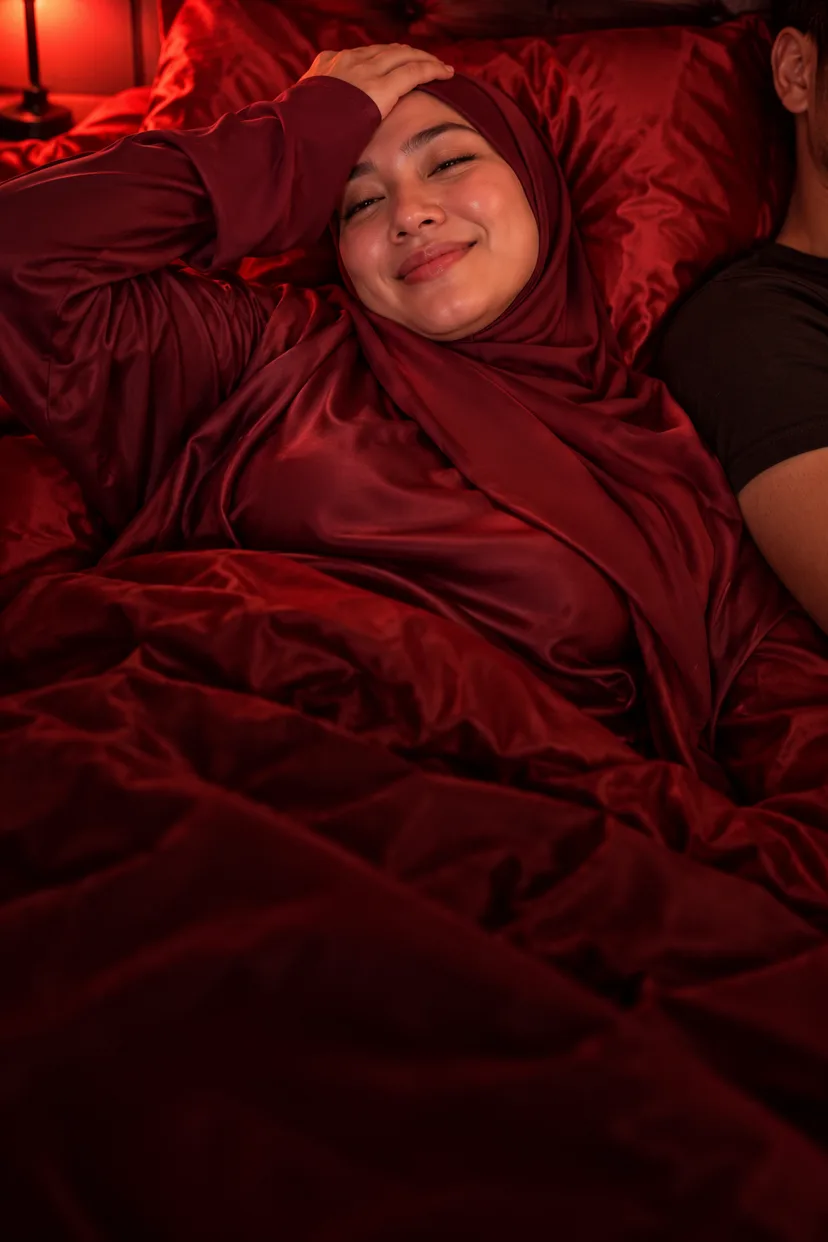 Isteri tersenyum di atas cadar merah
