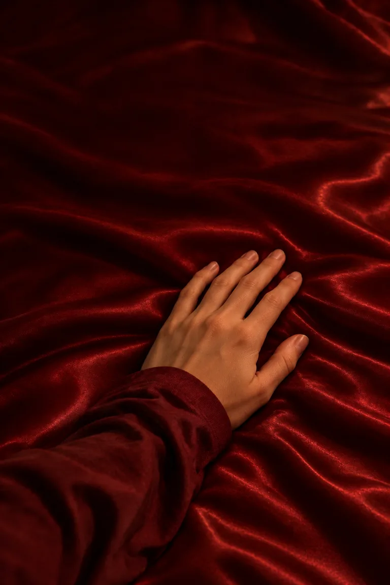 Tangan isteri atas cadar satin merah