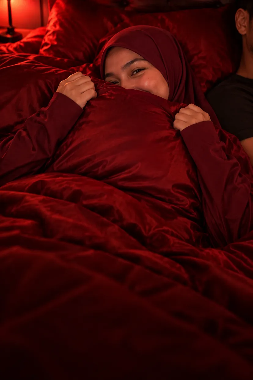 Isteri tutup muka dengan bantal sambil senyum