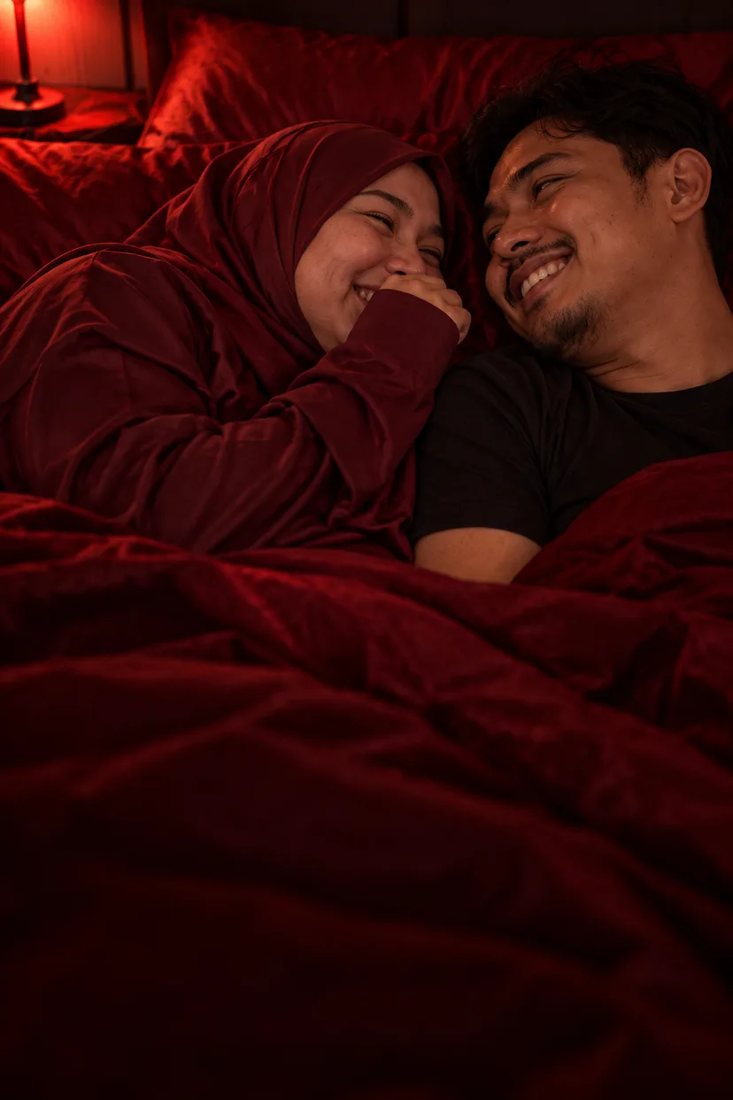 Suami isteri ketawa atas katil