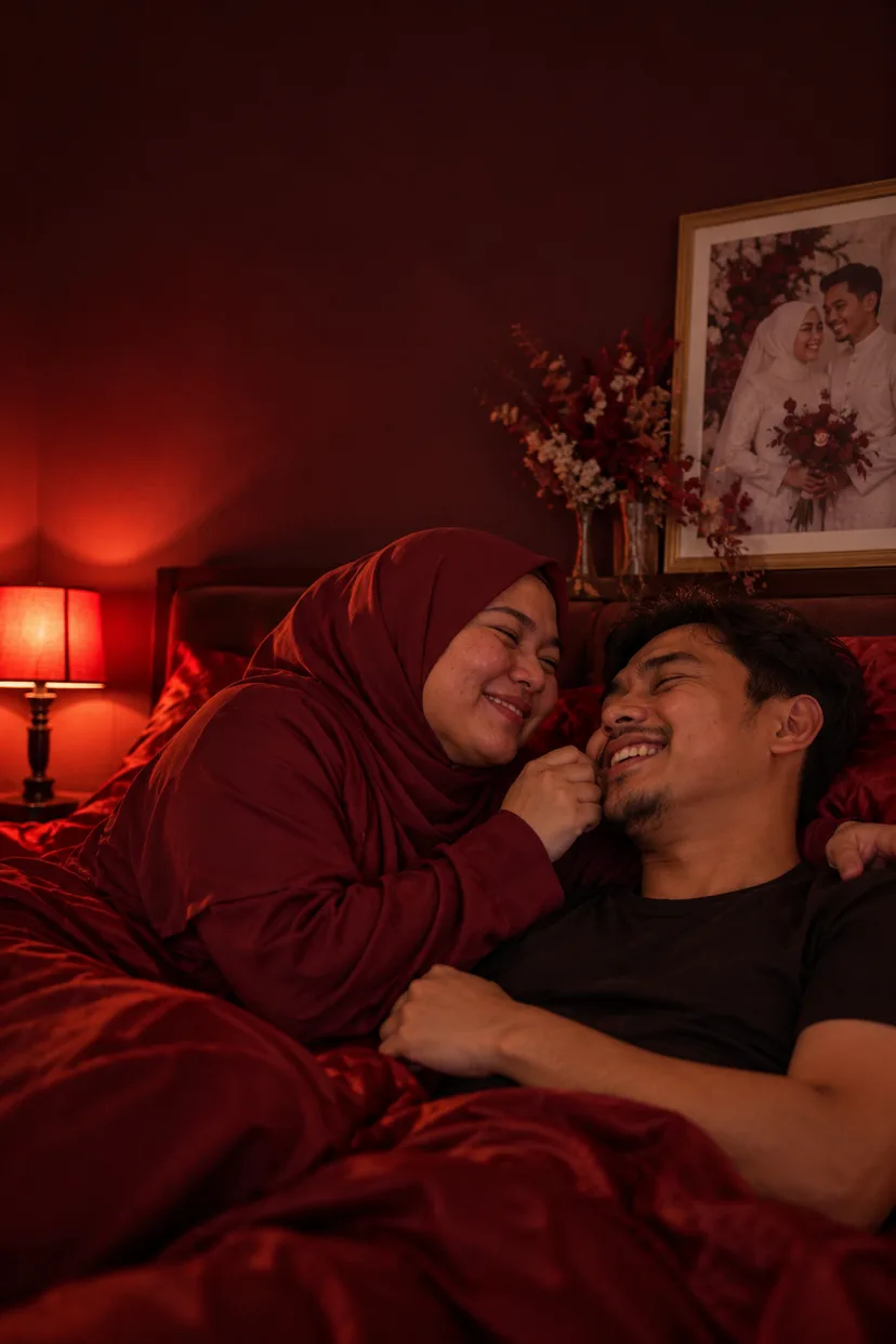 Pasangan baru kahwin ketawa atas katil