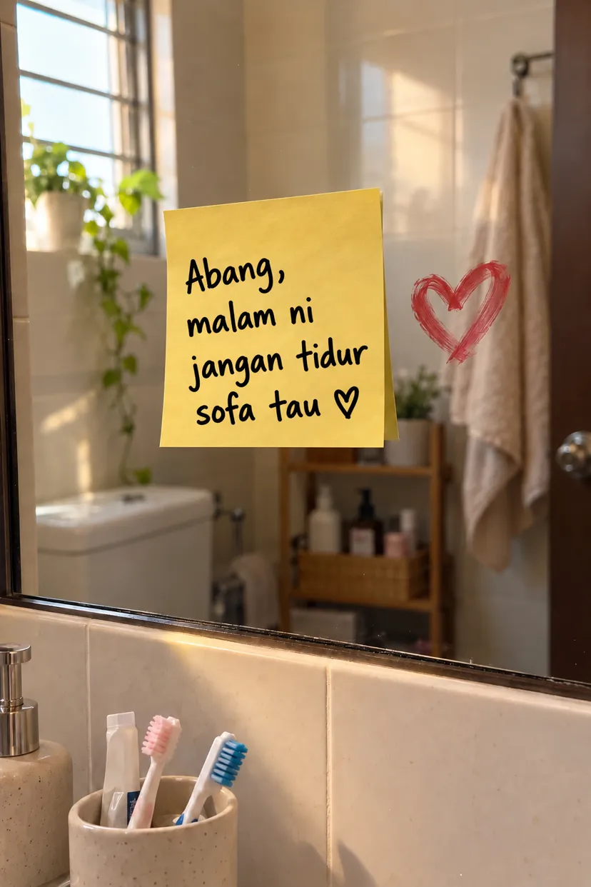 Nota kuning tulisan tangan isteri di cermin bilik air: Abang, malam ni jangan tidur sofa tau